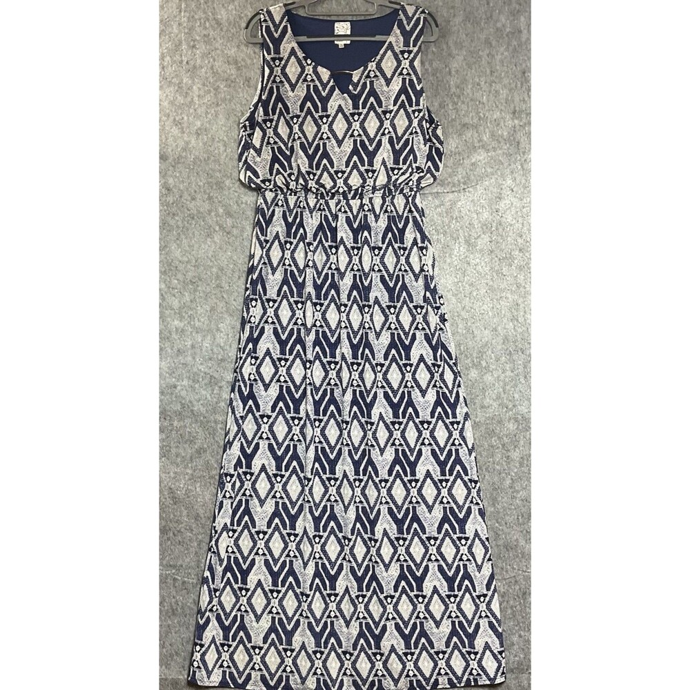 Naif Dress Womens Large Blue Geometric Sleevelsss Maxi Stretch Vacation Resort